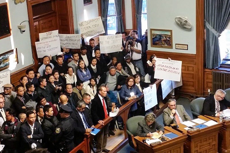 Cambodian-American protesters fill a public gallery at Lowell City Hall in Massachusetts on Tuesday evening in a photograph posted to the Facebook page of Synoun Kham.