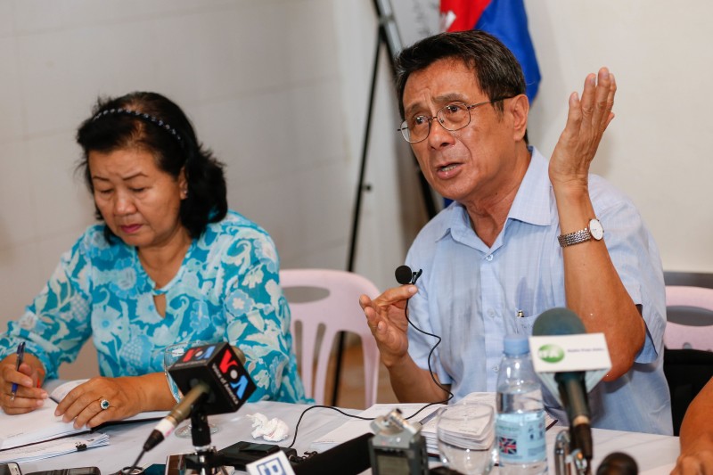 Adhoc president Thun Saray speaks during a press conference at the organization's headquarters in Phnom Penh on Tuesday. (Siv Channa/The Cambodia Daily)