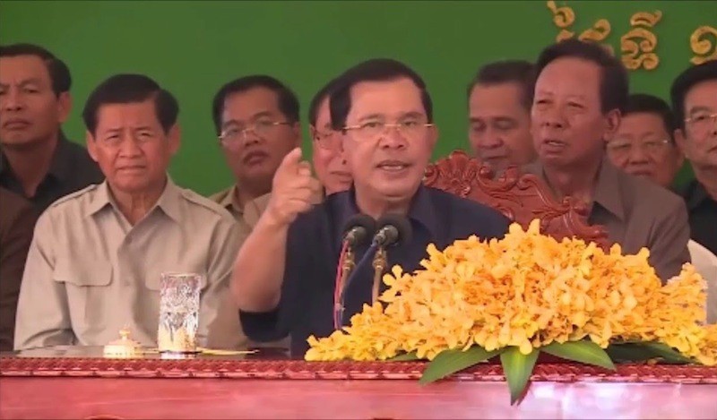 Prime Minister Hun Sen delivers a speech in Siem Reap province last week defending the arrest of opposition lawmaker Um Sam An, in this still image from a video recording.