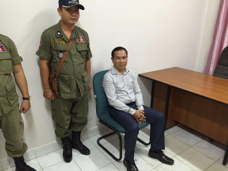 CNRP lawmaker Um Sam An is detained at the Interior Ministry's department of anti-terrorism and cross-border crimes on Monday morning. (Fresh News)