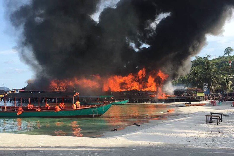 Fire Engulfs Popular Island Restaurant; No Injuries 1 A fire consumes Buffalo Restaurant on Koh Rong island on Sunday afternoon, in a photograph shared widely on Facebook.