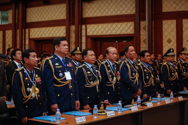 Officers attend a ceremony marking the 71st anniversary of the national police force in Phnom Penh on Monday. (Siv Channa/The Cambodia Daily)