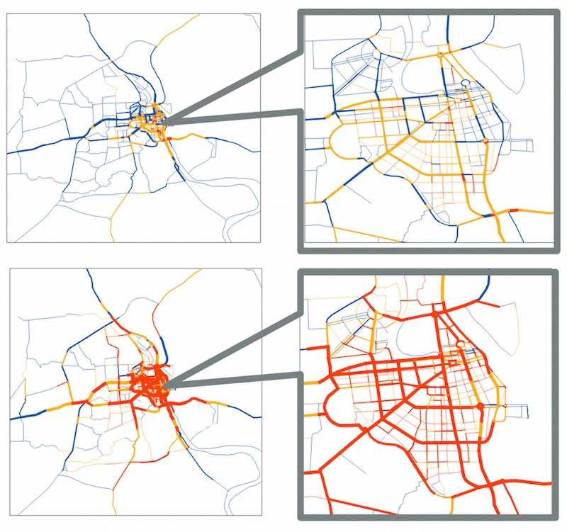 A JICA map modelling Phnom Penh congestion in 2012 (above) and estimating traffic levels in 2035 (below) if no improvements are made to 2012 infrastructure.