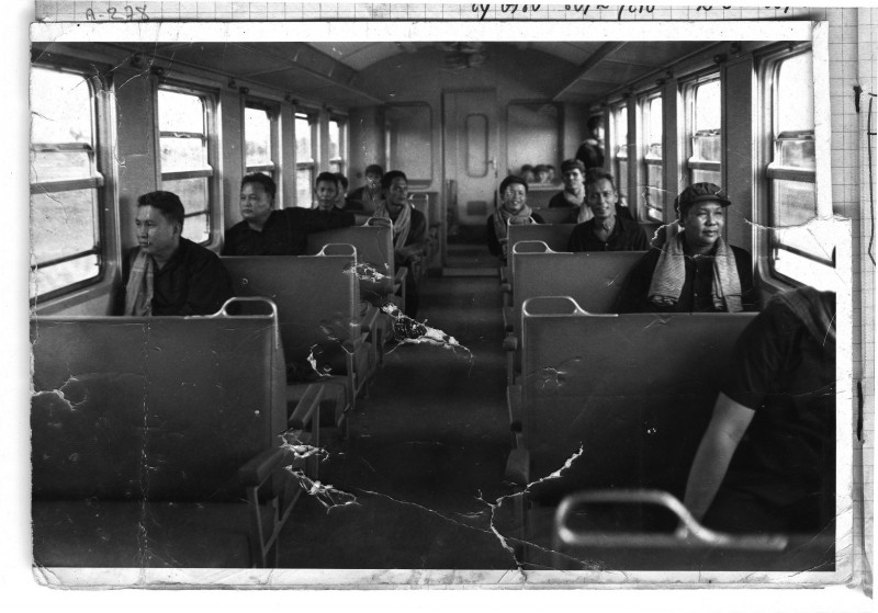 Khmer Rouge leader Pol Pot, left; second-in-command Nuon Chea, second from leftp; Deputy Prime Minister Vorn Vet, right; and Southwest Zone commander Ta Mok, second from right, sit in a train car in 1975. (DC-CAM)