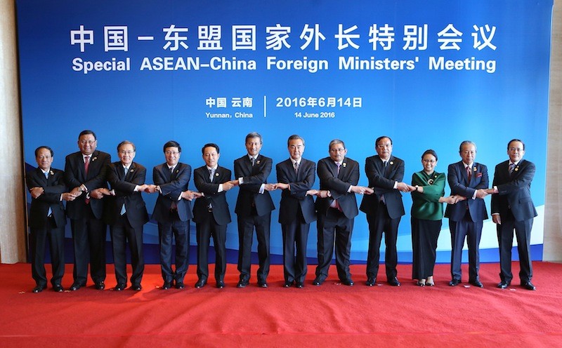 Cambodian Foreign Affairs Minister Prak Sokhonn, fourth from right, attends the Asean-China Foreign Ministers’ Meeting last month in China’s Yunan province. (Reuters)