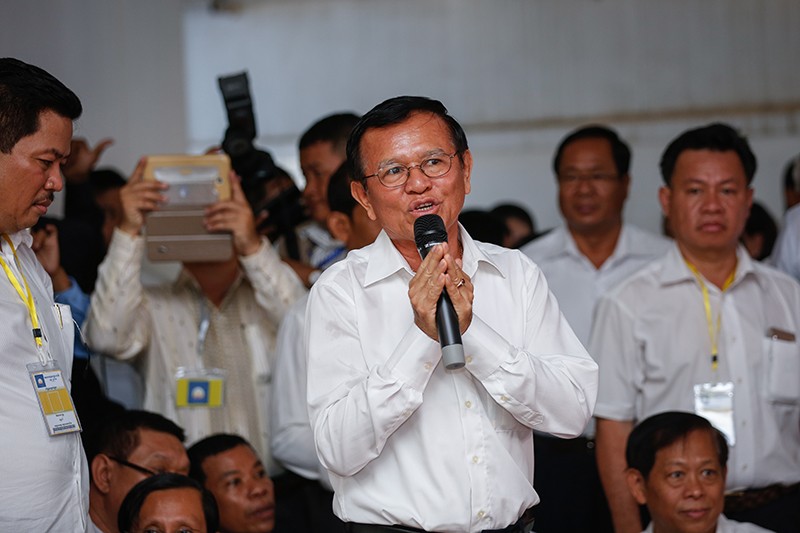 Deputy opposition leader Kem Sokha speaks during a Buddhist ceremony at the CNRP's headquarters in Phnom Penh in June. (Siv Channa/The Cambodia Daily)