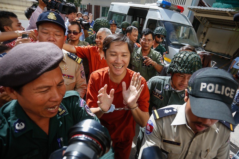 No Bail for Adhoc Staffers, Election Official 1 Ny Sokha, an Adhoc officer and one of five defendants charged with bribing an alleged mistress of deputy opposition leader Kem Sokha, arrives at the Appeal Court in Phnom Penh on Monday. (Siv Channa/The Cambodia Daily)