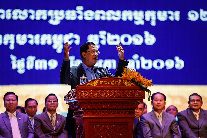 Prime Minister Hun Sen speaks at an event marking International Child Protection Day in Phnom Penh on Tuesday. (Siv Channa/The Cambodia Daily)