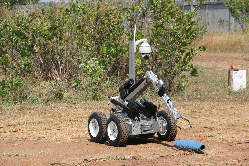 A prototype EOD robot being tested at a Golden West Humanitarian Foundation facility in Kampong Chhnang. (Supplied)