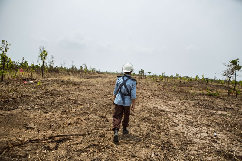 CMAC team leader Dao Sunly walks across a recently cleared minefield in Bavel. (Enric Catala)