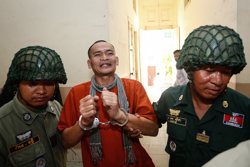 Opposition activist Ouk Pich Samnang arrives at the Appeal Court in Phnom Penh on Wednesday. (Siv Channa/The Cambodia Daily)
