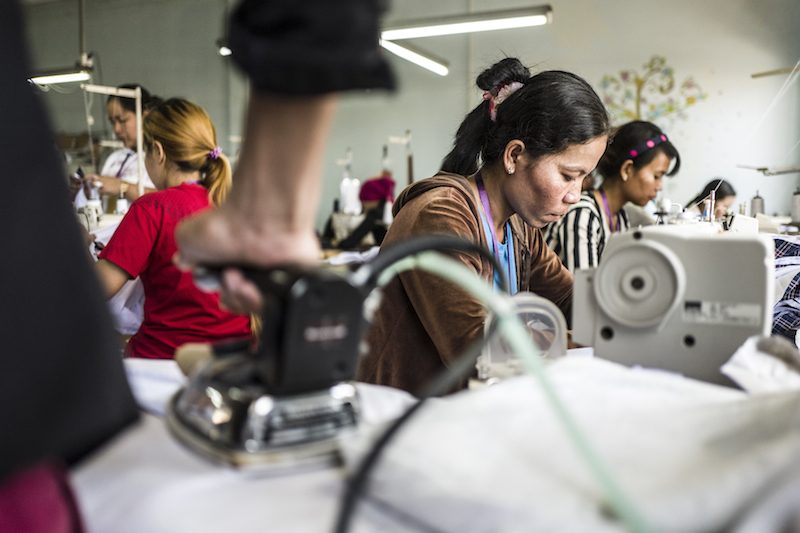 Women work at a garment factory in Phnom Penh earlier this month. (Charles Fox)