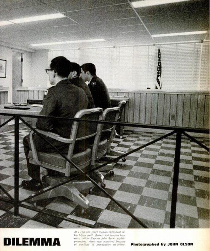 Allen Myers, with glasses, with his lawyers at a court martial hearing in a May 1969 spread in Life magazine.