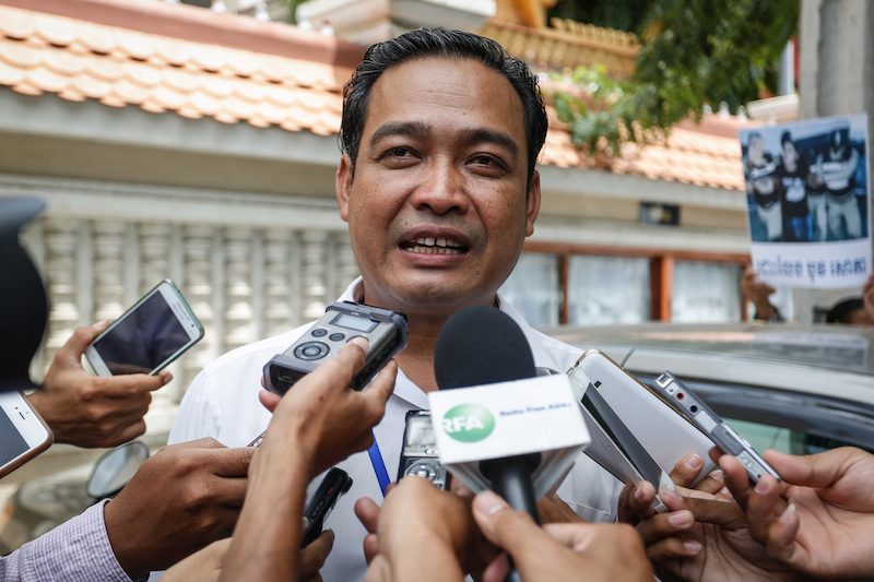 Sam Sokong, the lawyer for Senator Thak Lany, speaks to reporters outside the Phnom Penh Municipal Court on Wednesday. (Siv Channa/The Cambodia Daily)