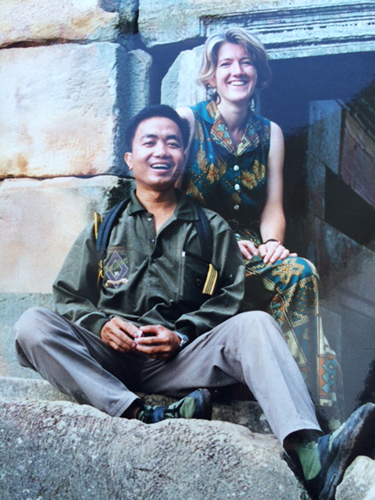 Academics Chan Sambath and Penny Edwards are pictured in Battambang province during a 1995 research trip. (Chan Sambath)