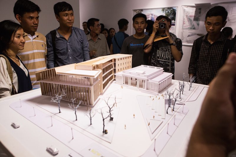 The winning model of a National Library expansion proposal is displayed at the Institut Francais in Phnom Penh on Tuesday. (Hannah Hawkins/The Cambodia Daily)