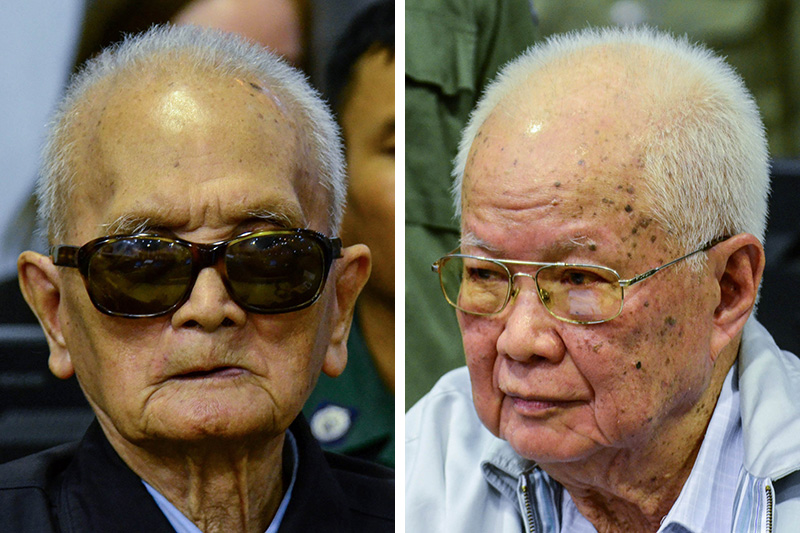 Nuon Chea, left, and Khieu Samphan await their appeal verdict on Wednesday at the Khmer Rouge tribunal in Phnom Penh. Both had their convictions for crimes against humanity and accompanying life sentences upheld. (ECCC)