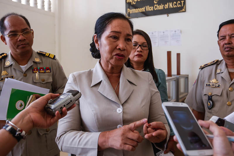 Chou Bun Eng, secretary-general of the Interior Ministry’s anti-human trafficking and sexual exploitation committee, speaks to reporters in Phnom Penh on Thursday. (Siv Channa/The Cambodia Daily)