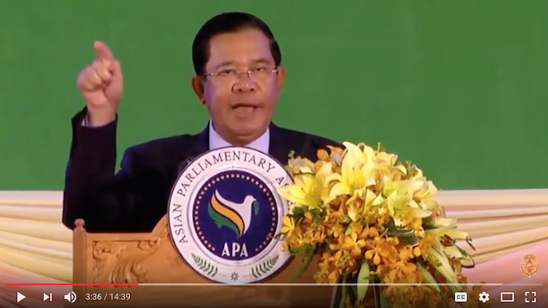 Prime Minister Hun Sen is shown speaking in a video released online on Sunday by the Council of Ministers.