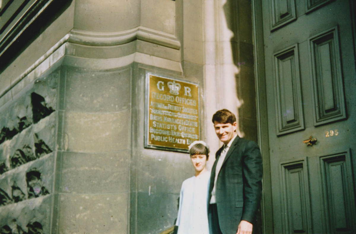 Sue Appleby, left, and Max McIntyre pose outside a church on their wedding day in 1966.