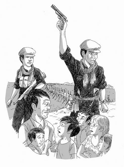 Khmer Rouge soldiers herd people at gunpoint. Illustration by Tian 1
