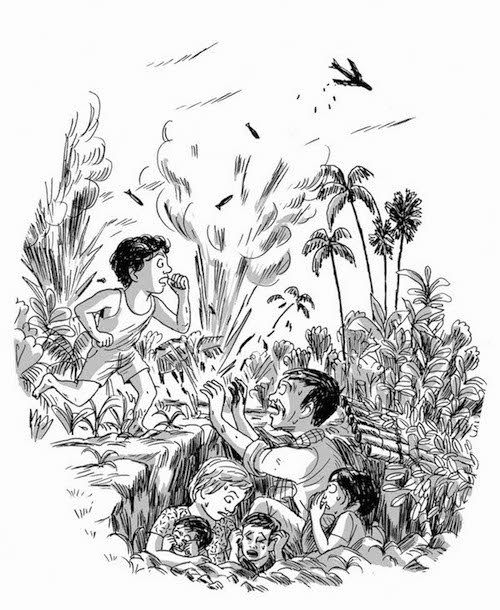 Villagers take cover in a trench during a bombardment in the early 1970s. Illustration by Tian