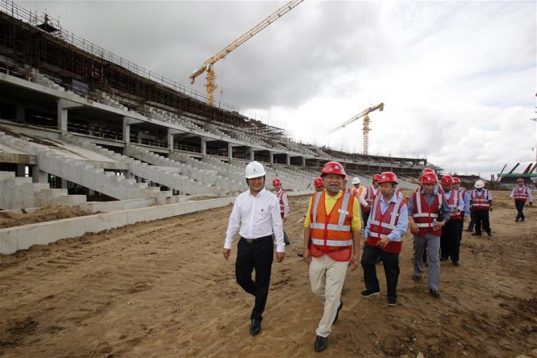 Cambodian minister visits ongoing construction site of China-funded stadium
