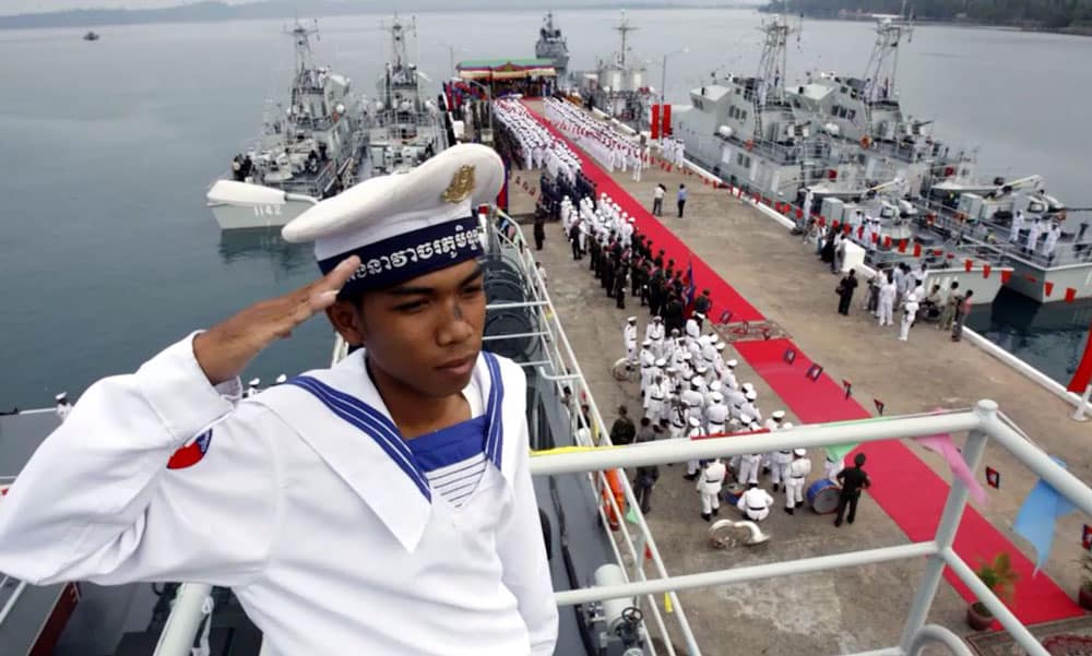A Cambodian naval officer salutes at the Ream Naval Base in a file photo. Image: Twitter